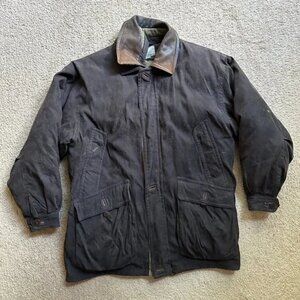 Rainforest Jacket Mens Large Vtg Full Zip Down Fill Spread Leather Collar Pocket